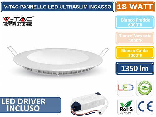 Pannello LED Incasso Rotondo 18w Luce Calda 1500 Lumen